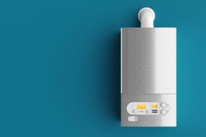 Household gas boiler on blue background 3d illustration